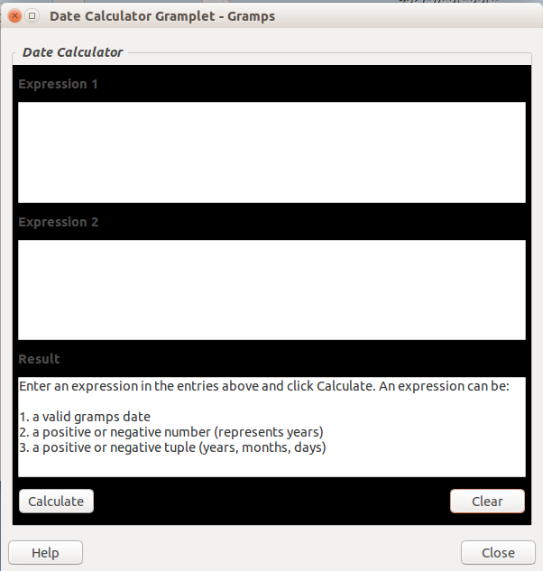 Date Calculator Gramplet - Default opening dialog