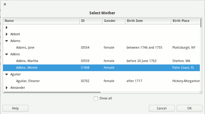 Mother selector via fast filtering and 'Show all' button at the bottom