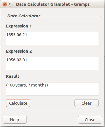 Date Calculator Gramplet - Example results